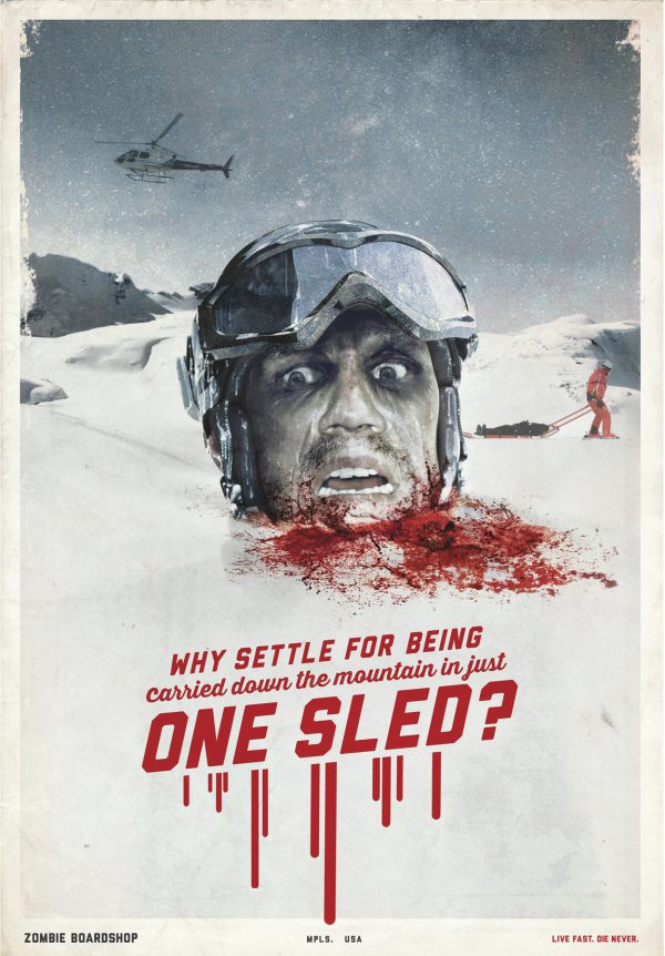 CGI Retouched Zombie Boardshop decapitated shocked head in snow