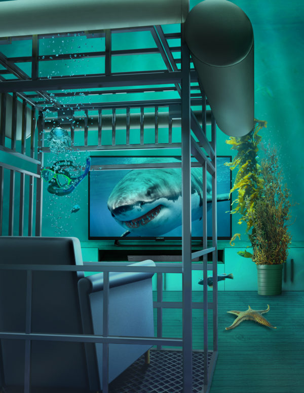 Elements tv retouched scene of CGI cage inside underwater living room